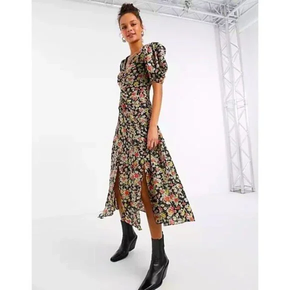 Topshop Grunge Midi Dress V-Neck Front Panel Black Floral Print Size 8 - Picture 1 of 10